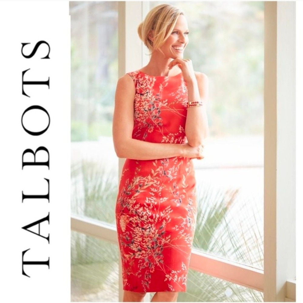 Talbots Petites Red Floral Botanical Sheath Dress Sleeveless 8P Lyocell Cotton